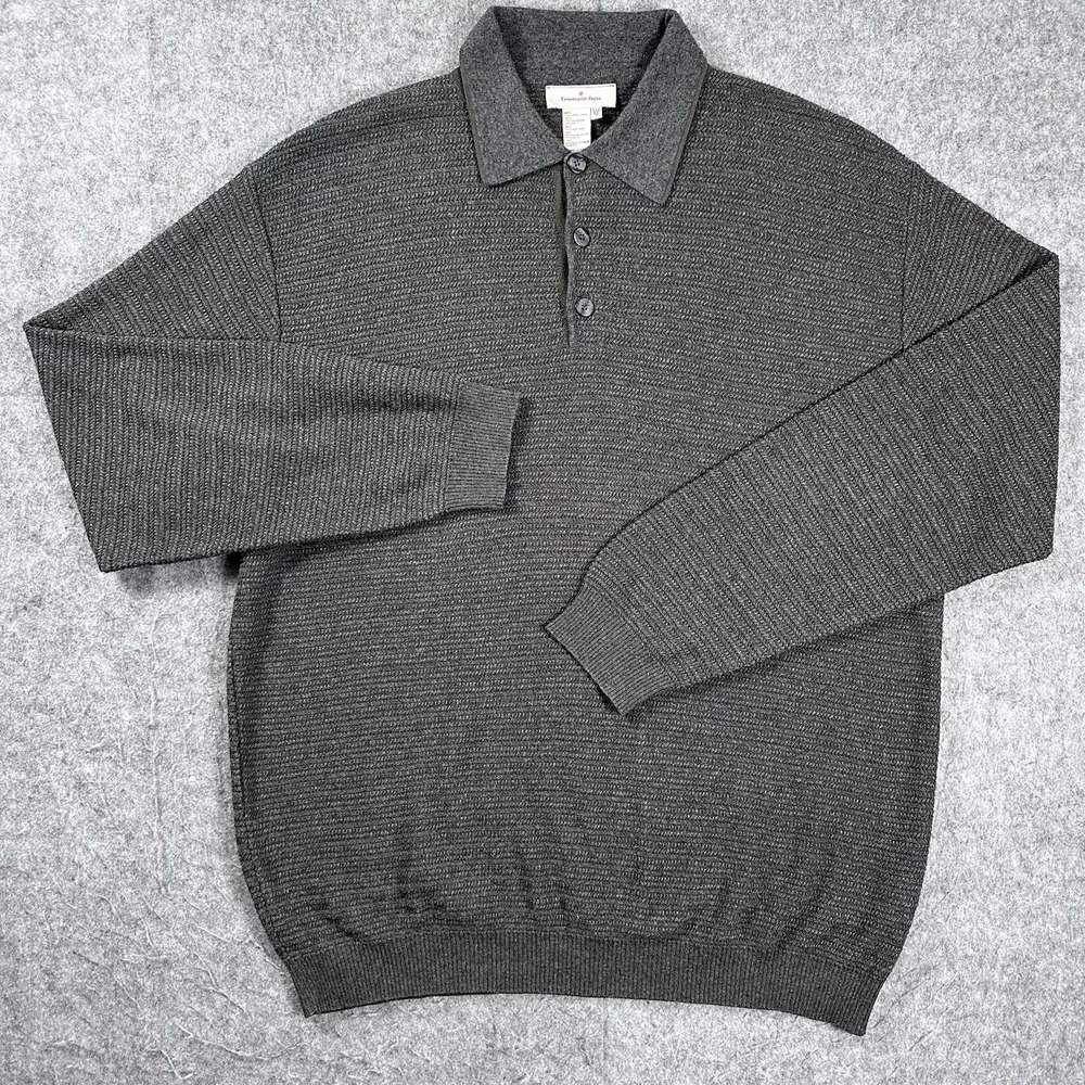 Ermenegildo Zegna Italy Wool Silk Cashmere Knit Polo Sweater Mens XXL 56 Gray